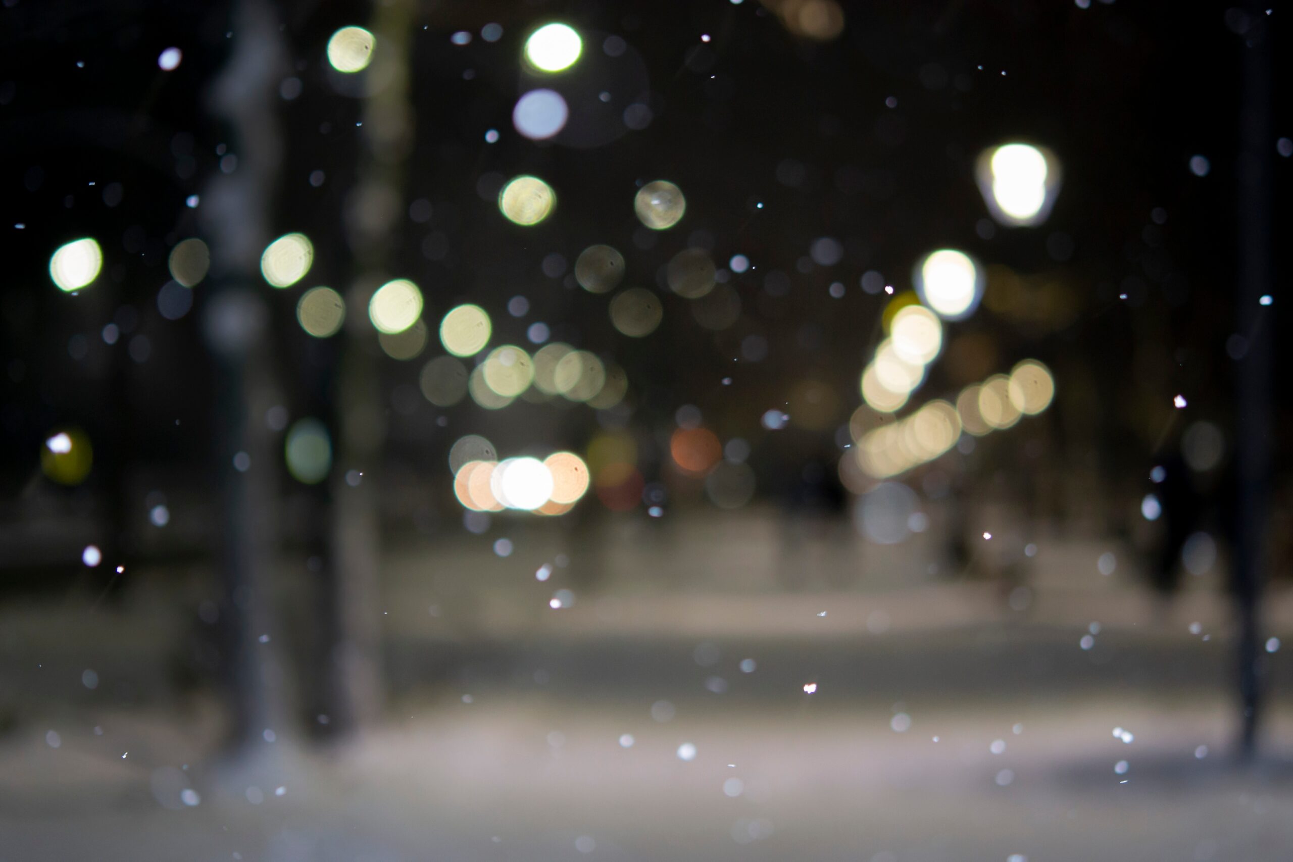 Blurred,Background.,City,View,,Lights,,Falling,Snow,,Night,,Street,,Bokeh